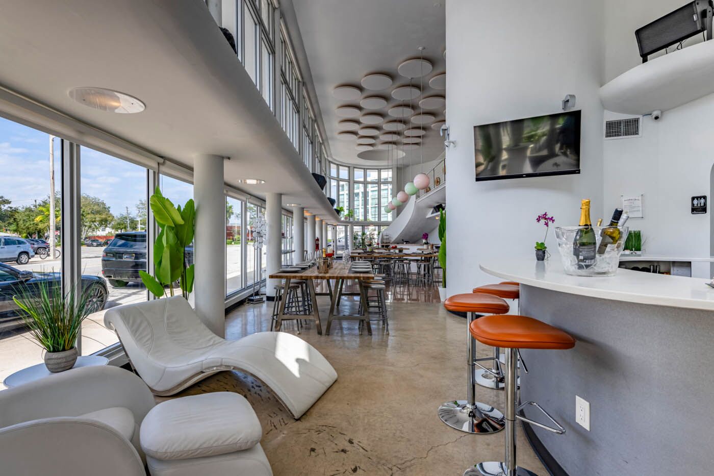 The Real Food Academy bar and chairs with big windows.