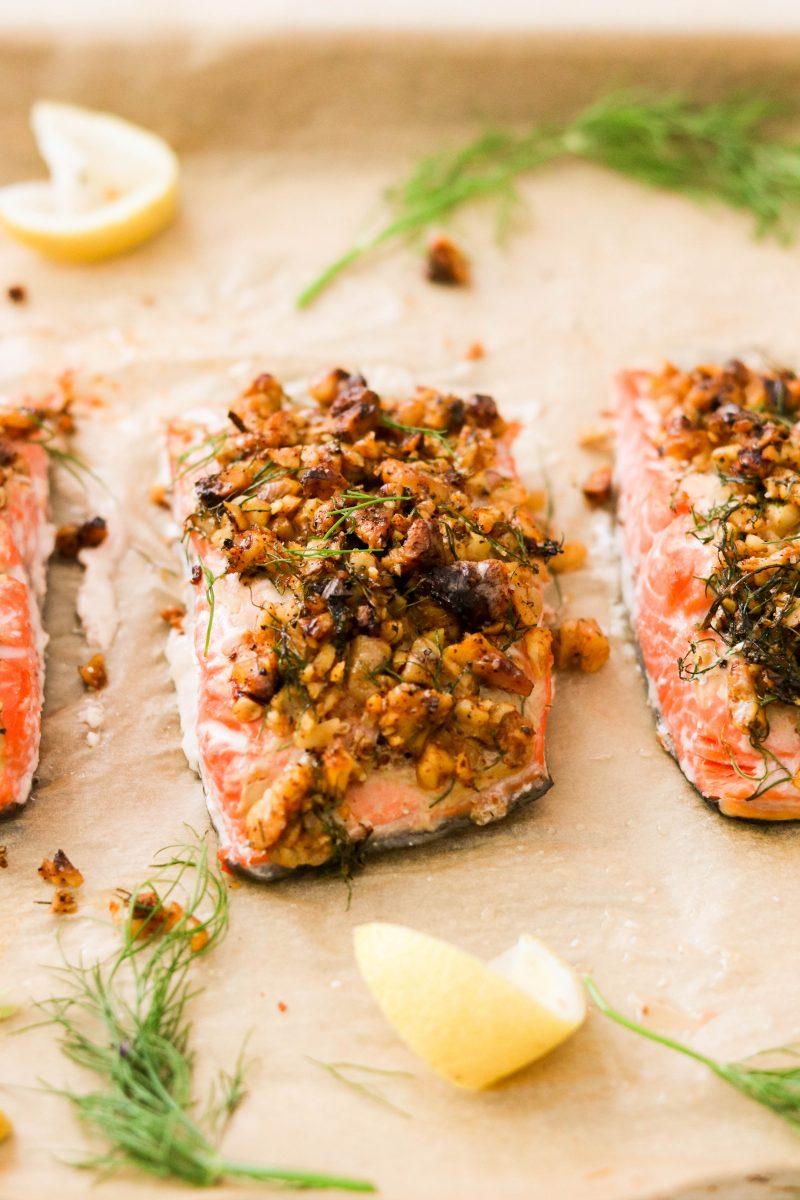 The Real Food Academy Miami walnut crusted wild salmon with edamame mashed recipe.